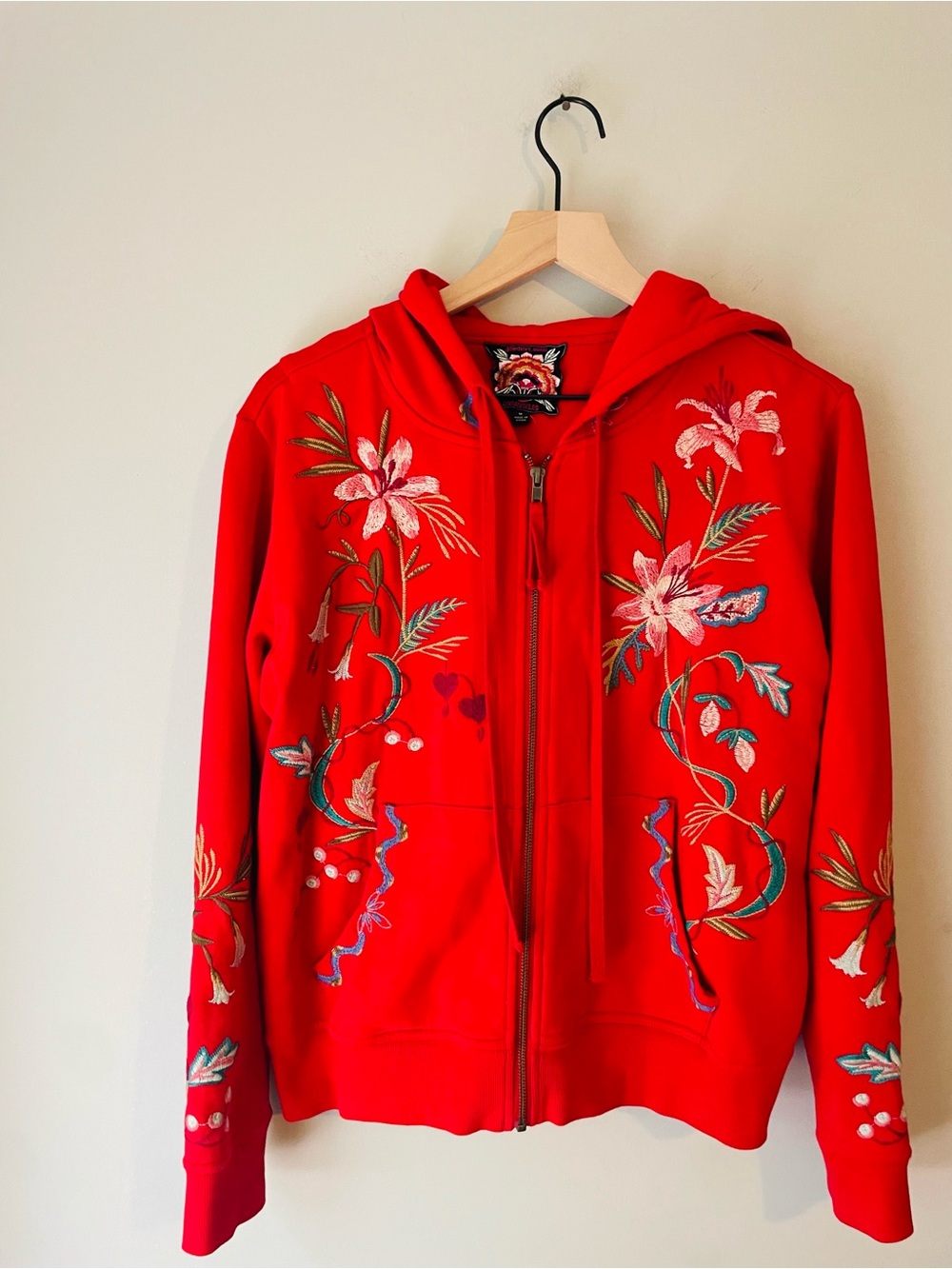 Johnny Was Floral Embroidered Red Hoodie